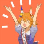  1girl animal_ears arms_up bangs blush_stickers bow bowtie closed_eyes clover_hair_ornament daruma_doll dated eyebrows_visible_through_hair hair_between_eyes hair_ornament horse_ears horse_girl kawashina_(momen_silicon) matikanefukukitaru_(umamusume) open_mouth orange_hair purple_neckwear red_background sailor_collar sash school_uniform short_hair short_sleeves signature simple_background single_ear_cover solo tracen_school_uniform umamusume 