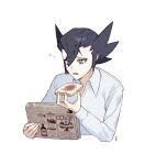  1boy bangs black_hair blue_eyes bread collared_shirt elite_four eyelashes food grimsley_(pokemon) hair_between_eyes hand_up holding holding_newspaper long_sleeves looking_down lower_teeth male_focus mongguri newspaper open_mouth pokemon pokemon_(game) pokemon_bw reading shirt short_hair simple_background solo spiked_hair symbol-only_commentary tongue white_background white_shirt 
