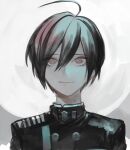  1boy ahoge bangs black_hair black_jacket brown_eyes buttons closed_mouth danganronpa_(series) danganronpa_v3:_killing_harmony gradient gradient_background grey_background hair_between_eyes jacket laaaicha looking_at_viewer male_focus portrait saihara_shuuichi short_hair simple_background smile solo symbol-only_commentary upper_body 