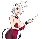  1girl alternate_costume animal_ears arm_under_breasts bangs breasts cigarette cleavage commentary_request covered_navel demon_girl demon_horns detached_collar fake_animal_ears hair_over_one_eye hand_up helltaker holding horns large_breasts leotard looking_at_viewer pantyhose playboy_bunny rabbit_ears rabbit_tail red_eyes red_leotard sharp_teeth shiny shiny_clothes shiny_skin short_hair simple_background smile solo strapless strapless_leotard tail teeth tsukudani_(coke-buta) upper_teeth white_background white_hair zdrada_(helltaker) 