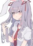  1girl alternate_hairstyle animal_ears bangs bright_pupils carrot_pin closed_mouth collared_shirt eyebrows_visible_through_hair hair_ribbon hand_in_hair highres long_hair looking_at_viewer necktie pout purple_hair rabbit_ears red_eyes red_neckwear red_ribbon reisen_udongein_inaba ribbon shirt short_sleeves simple_background solo touhou tsukimirin two_side_up upper_body white_background white_pupils white_shirt 