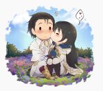  1boy 1girl alternate_costume black_eyes black_hair blush chibi closed_eyes closed_mouth couple evomanaphy fire_emblem fire_emblem:_thracia_776 fire_emblem_heroes flower heart hetero highres holding_hands kiran_(fire_emblem) kiss kissing_cheek long_hair original reinhardt_(fire_emblem) scenery speech_bubble 