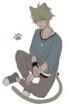  1boy amami_rantarou animal_ears antenna_hair bangs brown_pants cat_boy cat_ears cat_tail collarbone commentary danganronpa_(series) danganronpa_v3:_killing_harmony ear_piercing green_eyes green_hair hair_between_eyes jewelry laaaicha long_sleeves looking_at_viewer male_focus necklace open_mouth pants paw_print paw_print_background piercing ring shirt shoes short_hair simple_background sitting solo striped striped_shirt tail white_background 