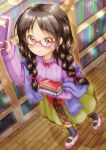  1girl :o arm_up black_hair black_legwear blush book bookshelf bow braid brown_eyes commentary_request fringe_trim glasses hair_ribbon highres holding holding_book idolmaster idolmaster_cinderella_girls indoors long_hair looking_at_viewer low_twintails parted_lips pink-framed_eyewear pink_ribbon pink_sweater red_bow regular_mow ribbed_sweater ribbon scarf semi-rimless_eyewear shoes skirt socks solo sweater tachibana_arisu twin_braids twintails under-rim_eyewear walking white_footwear wooden_floor yellow_skirt 