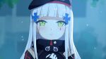  1girl absurdres bangs beret blunt_bangs blurry cross_hair_ornament depth_of_field facial_mark girls&#039;_frontline gloves green_eyes hair_ornament hat highres hk416_(girls&#039;_frontline) incoming_kiss long_hair military_jacket parted_lips silver_hair solo teardrop_tattoo upper_body white_gloves white_hair wo_you_yibei_jia_wanli 