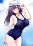  1girl arm_up bangs bare_shoulders blue_swimsuit blush breasts cleavage copyright_request highres huge_breasts jinguji_mio long_hair looking_at_viewer one-piece_swimsuit purple_eyes purple_hair school_swimsuit senpai_ga_boku_wo_tori_ni_kiteru solo sukeno_yoshiaki swim_cap swimsuit thick_thighs thighs wet wet_clothes wet_swimsuit 