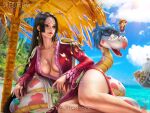  1boy 1girl ass bangs beach black_hair blue_eyes boa_hancock breasts cleavage cleavage_cutout clothing_cutout dress earrings jewelry large_breasts legs_together lips looking_to_the_side lying miniboy monkey_d._luffy on_side one_piece parted_bangs red_dress red_lips salome_(one_piece) snake snake_earrings thick_thighs thighs thousand_sunny yam_spectrum 