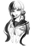  1girl bangs blunt_bangs bow commentary cropped_torso danganronpa_(series) danganronpa_v3:_killing_harmony english_commentary greyscale hair_ornament hair_scrunchie harukawa_maki laaaicha long_hair looking_at_viewer low_twintails mole mole_under_eye monochrome open_mouth sailor_collar school_uniform scrunchie serafuku simple_background solo teeth twintails upper_body white_background 