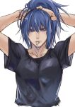  1girl alternate_costume bangs black_shirt blue_eyes casual hair_tie hair_tie_in_mouth hands_up high_ponytail leona_heidern mouth_hold ponytail shirt simple_background solo the_king_of_fighters tying_hair white_background yasunososaku 