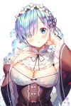  1girl aile_(crossroads) artist_name bangs black_ribbon blue_eyes blue_hair blush breasts cleavage detached_sleeves eyebrows_visible_through_hair hair_ornament hair_over_one_eye hair_ribbon hand_in_hair hands_up highres large_breasts looking_at_viewer maid maid_headdress neck_ribbon re:zero_kara_hajimeru_isekai_seikatsu rem_(re:zero) ribbon roswaal_mansion_maid_uniform shiny shiny_hair short_hair simple_background solo underbust upper_body white_background x_hair_ornament 