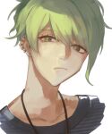  1boy amami_rantarou bangs closed_mouth collarbone commentary cropped_shoulders danganronpa_(series) danganronpa_v3:_killing_harmony ear_piercing earrings english_commentary eyebrows_visible_through_hair green_eyes green_hair hair_between_eyes jewelry laaaicha looking_at_viewer male_focus necklace piercing portrait shirt short_hair simple_background solo striped striped_shirt white_background 