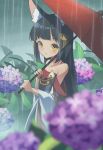  1girl animal_ears azur_lane bangs bare_shoulders black_hair blunt_bangs blurry collarbone commentary depth_of_field detached_sleeves dress eyebrows_visible_through_hair flower fox_ears from_side hair_ornament highres holding holding_umbrella long_hair long_sleeves looking_at_viewer looking_to_the_side marimo_daifuku nagato_(azur_lane) oil-paper_umbrella parted_lips rain red_dress sidelocks simple_background solo umbrella wide_sleeves yellow_eyes 