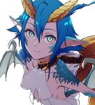  1girl backless_dress backless_outfit blue_eyes blue_hair blue_scales claws close-up dragon_girl dragon_horns dragon_tail dragon_wings dress hair_between_eyes horns kaburagi_yuki looking_at_viewer looking_up monster_musume_no_oisha-san pointy_ears scales short_hair simple_background skadi_dragenfelt slit_pupils solo tail white_background white_dress wings 
