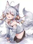 1girl absurdres ahoge animal_ear_fluff animal_ears bell black_choker choker commentary_request commission commissioner_upload dot_nose fangs fox_ears fox_tail hair_bell hair_ornament hair_ribbon highres indie_virtual_youtuber jingle_bell johwa_(1n33dyour1ov3) kamiko_kana long_hair long_sleeves looking_at_viewer multicolored_hair neck_bell red_ribbon ribbon skeb_commission smile solo streaked_hair tail thighhighs virtual_youtuber white_background white_hair yellow_eyes 