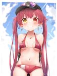  1girl absurdres bangs bikini blush breasts eyebrows_visible_through_hair hair_ribbon hat heterochromia highres hololive houshou_marine large_breasts long_hair looking_at_viewer open_mouth pepushi_drow red_eyes red_hair ribbon smile solo swimsuit twintails virtual_youtuber yellow_eyes younger 