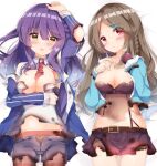  2girls :d :o arm_up azur_lane bangs bed_sheet black_skirt blue_jacket blush braid breasts brown_eyes brown_hair brown_legwear cleavage commentary_request eyebrows_visible_through_hair fuuna grey_shorts hair_between_eyes hair_ornament hairclip highres jacket kimberly_(azur_lane) legwear_under_shorts long_sleeves looking_at_viewer lying medium_breasts mullany_(azur_lane) multiple_girls navel on_back open_clothes open_jacket open_mouth pantyhose parted_bangs parted_lips purple_hair red_eyes shirt short_shorts shorts skirt smile torn_clothes torn_jacket torn_shirt torn_shorts torn_skirt white_shirt 