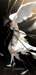  1girl angel_wings barefoot cable commentary_request cuffs dress feathered_wings feathers full_body highres impaled open_mouth original prosthesis prosthetic_arm scar shackles solo teeth torn_clothes tube white_dress wings zenmaibook 