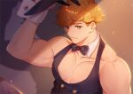  1boy animal_ears bara black_neckwear black_vest blonde_hair bow bowtie granblue_fantasy green_eyes looking_at_viewer male_cleavage male_focus male_playboy_bunny muscular muscular_male necktie pectorals playboy_bunny rabbit_ears satoimo_sanda short_hair solo upper_body vane_(granblue_fantasy) vest 