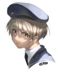 1girl artist_name blue_eyes blue_headwear blue_sailor_collar commentary ergot hat head_only kantai_collection looking_at_viewer sailor_collar sailor_hat short_hair silver_hair simple_background solo upper_body white_background z1_leberecht_maass_(kancolle) 