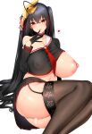  1girl absurdres azur_lane bangs black_gloves black_hair black_legwear breasts chixiao choker clothes_lift clothes_pull clothing_cutout collar garter_straps gloves hair_ornament half_gloves highres huge_breasts long_hair looking_at_viewer lying navel navel_cutout nipples on_side pussy pussy_juice pussy_juice_trail red_eyes sailor_collar sailor_senshi_uniform school_uniform seductive_smile serafuku shirt_lift shirt_pull simple_background skindentation skirt smile solo taihou_(azur_lane) thighhighs torogao twintails white_background 