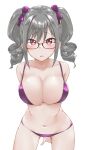  1girl aimobake alternate_breast_size bare_shoulders bespectacled bikini blush bow breasts collarbone commentary drill_hair eyebrows_visible_through_hair glasses grey_hair hair_bow highres huge_breasts idolmaster idolmaster_cinderella_girls kanzaki_ranko leaning_forward looking_at_viewer midriff navel open_mouth pink_eyes purple_bikini purple_bow red-framed_eyewear short_twintails sidelocks simple_background solo swimsuit twin_drills twintails white_background 