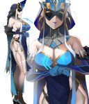  1girl absurdres bare_shoulders blue_dress blue_gloves blue_headwear blue_lips bodice breasts cleavage covered_navel detached_collar dress elbow_gloves eye_mask genshin_impact gloves hat highres hip_vent large_breasts mirror_maiden_(genshin_impact) multiple_views ormille pants parted_lips pelvic_curtain sideboob white_pants 