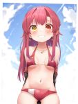  1girl absurdres bangs bikini blush breasts eyebrows_visible_through_hair hair_ribbon heterochromia highres hololive houshou_marine large_breasts long_hair looking_at_viewer open_mouth pepushi_drow red_eyes red_hair ribbon smile solo swimsuit virtual_youtuber yellow_eyes younger 