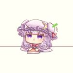  1girl :&lt; arrow_(symbol) bangs blue_ribbon blunt_bangs book bow bowtie chibi closed_mouth commentary_request crescent crescent_hat_ornament crescent_pin eyebrows_visible_through_hair hat hat_ornament hat_ribbon highres mob_cap patchouli_knowledge poking poking_head purple_eyes purple_hair red_bow red_neckwear red_ribbon ribbon simple_background solo suna_sen table touhou translation_request white_background wide_sleeves 