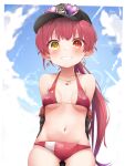  1girl absurdres bangs bikini blush breasts eyebrows_visible_through_hair hair_ribbon hat heterochromia highres hololive houshou_marine large_breasts long_hair looking_at_viewer open_mouth pepushi_drow ponytail red_eyes red_hair ribbon smile solo swimsuit virtual_youtuber yellow_eyes younger 