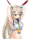  1girl adjusting_hair armpits arms_behind_head ascot ayanami_(azur_lane) azur_lane bangs collarbone commentary_request eyebrows_visible_through_hair groin hair_between_eyes hair_ornament hairclip headgear highres long_hair looking_at_viewer marimo_daifuku midriff mouth_hold navel ponytail red_eyes retrofit_(azur_lane) school_uniform serafuku sidelocks silver_hair simple_background solo white_background 