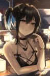  1girl absurdres ahoge artist_name bangs bare_arms bare_shoulders bikini black_bikini black_bow black_choker black_hair black_nails blue_hair blurry blurry_background blush bow breasts brown_eyes choker collarbone colored_inner_hair commentary cross cross_earrings earrings english_commentary eyebrows_visible_through_hair hair_between_eyes hair_bow halter_top halterneck highres irene_(kanniiepan) jewelry kanniiepan lantern looking_at_viewer medium_breasts medium_hair mole mole_on_breast mole_under_eye multicolored_hair multiple_rings nail_polish necklace onsen original parted_lips partially_submerged ponytail ring sidelocks solo swimsuit two-tone_hair upper_body water wet wet_hair wristband 