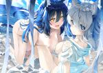 2girls absurdres all_fours animal_ear_fluff animal_ears arm_support ass bangs bare_shoulders beach bikini black_hair blue_eyes blue_sky blush breast_press breasts cat_ears cat_girl cat_tail cleavage closed_mouth cloud collarbone day eyebrows_visible_through_hair fang front-tie_bikini front-tie_top hanging_breasts highres hood hood_down hoodie horizon knee_up large_breasts long_hair looking_at_viewer medium_breasts multiple_girls ocean open_clothes open_hoodie open_mouth original outdoors reclining ruffling_hair sand short_sleeves side-tie_bikini sitting skin_fang sky smile string_bikini swimsuit tail tail_raised topless untied untied_bikini very_long_hair wardrobe_malfunction water white_hair yellow_eyes zelitto 