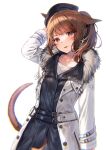  1girl animal_ears arm_up bangs beret black_hair black_headwear brown_eyes brown_hair cat_ears cat_girl cat_tail coat collarbone commentary eyebrows_visible_through_hair facial_mark final_fantasy final_fantasy_xiv fur-trimmed_coat fur_trim hat head_tilt long_sleeves looking_at_viewer midorikawa_you miqo&#039;te open_clothes open_coat parted_lips ponytail shirt smile solo symbol-only_commentary tail undershirt whisker_markings white_shirt 