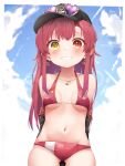  1girl absurdres bangs bikini blush breasts eyebrows_visible_through_hair hair_ribbon hat heterochromia highres hololive houshou_marine large_breasts long_hair looking_at_viewer open_mouth pepushi_drow red_eyes red_hair ribbon smile solo swimsuit virtual_youtuber yellow_eyes younger 