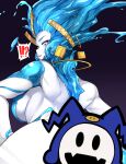  1girl anahita aqua_sclera ass_grab bangs blue_eyes blue_hair breasts collarbone colored_sclera colored_skin curvy danmaku eyebrows_visible_through_hair hair_ornament jack_frost leg_lift liquid_hair long_hair looking_at_viewer nuezou shin_megami_tensei shin_megami_tensei_v shoulder_blades simple_background solo very_long_hair water_drop white_background white_skin wide_hips 