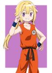  1girl bare_arms belt black_belt blonde_hair blue_wristband border clenched_hand clenched_teeth clothes_writing collarbone dot_nose dougi dragon_ball eyebrows_visible_through_hair feet_out_of_frame fingernails flat_chest grin hair_between_eyes hair_bobbles hair_ornament hand_up highres light_blush long_hair looking_at_viewer low_twintails magia_record:_mahou_shoujo_madoka_magica_gaiden mahou_shoujo_madoka_magica mitsuki_felicia purple_background purple_eyes riokasen salute shiny shiny_hair sidelocks simple_background smile solo spiked_hair standing straight_hair teeth twintails white_border wristband 