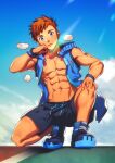  1boy abs black_shorts blue_eyes blue_vest bracer brown_hair cloud day earrings highres jewelry large_pectorals looking_at_viewer lvlv male_focus muscular muscular_male navel nipples open_clothes open_vest original outdoors pectorals shoes short_hair shorts single_earring sky solo toned toned_male veins vest 