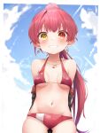  1girl absurdres bangs bikini blush breasts eyebrows_visible_through_hair hair_ribbon heterochromia highres hololive houshou_marine large_breasts long_hair looking_at_viewer open_mouth pepushi_drow ponytail red_eyes red_hair ribbon smile solo swimsuit virtual_youtuber yellow_eyes younger 