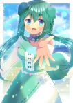  1girl :d animal_ears bangs bare_shoulders bell blue_eyes blurry blurry_background blush bow braid breasts center_frills character_request collarbone commentary_request depth_of_field dog_ears dog_girl dog_tail dress eyebrows_visible_through_hair frills green_bow green_dress green_hair hair_between_eyes indie_virtual_youtuber jingle_bell kou_hiyoyo looking_at_viewer low_twintails medium_breasts off_shoulder open_mouth outstretched_arm rainbow see-through see-through_sleeves short_eyebrows smile solo tail thick_eyebrows twintails virtual_youtuber 
