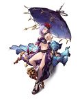  1girl armpits beach_towel beach_umbrella bikini bracelet breasts cleavage earrings final_fantasy flower hair_flower hair_ornament hair_over_one_eye halter_top halterneck highres holding holding_umbrella jewelry kilphe large_breasts looking_at_viewer midriff navel official_art palm_tree purple_bikini purple_hair sarong short_hair simple_background summer swimsuit towel tree umbrella war_of_the_visions:_final_fantasy_brave_exvius white_background yellow_eyes 
