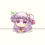  1girl :&lt; arrow_(symbol) bangs blue_ribbon blunt_bangs book bow bowtie chibi closed_mouth commentary_request crescent crescent_hat_ornament crescent_pin eyebrows_visible_through_hair hat hat_ornament hat_ribbon highres mob_cap patchouli_knowledge poking poking_head purple_eyes purple_hair red_bow red_neckwear red_ribbon ribbon simple_background solo suna_sen table touhou translation_request white_background wide_sleeves 