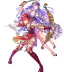  2girls anbe_yoshirou arrow_(projectile) bangs bare_shoulders boots bow_(weapon) braid breasts camilla_(fire_emblem) closed_mouth collarbone dress fire_emblem fire_emblem_fates fire_emblem_heroes frills full_body gem gloves gold hair_over_one_eye headband highres hinoka_(fire_emblem) holding holding_sword holding_weapon large_breasts long_hair looking_away multiple_girls official_art puffy_short_sleeves puffy_sleeves purple_hair red_eyes red_hair short_hair short_sleeves smile sword thigh_boots thigh_strap thighhighs tied_hair transparent_background weapon 