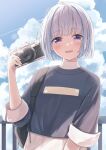  1girl alternate_hairstyle blue_hair bob_cut camera cloud day ene_mizunoawa highres holding holding_camera lize_helesta looking_at_viewer multicolored_hair nijisanji open_mouth outdoors purple_eyes short_hair silver_hair sky smile solo upper_body virtual_youtuber 