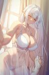  1girl babydoll backlighting bangs bare_shoulders blunt_bangs breasts check_commentary cleavage closed_eyes collarbone commentary commentary_request covered_navel crying elf furrowed_brow highleg highleg_panties highres holding_hands large_breasts long_hair original panties pointy_ears smile solar_(happymonk) solo_focus tearing_up underwear white_hair white_panties window 