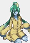  1girl boots chained_tan coat collarbone colored_sclera english_commentary green_eyes green_hair green_sclera grey_background hair_between_eyes long_hair monster_girl monster_musume_no_iru_nichijou raincoat sitting sleeves_past_fingers sleeves_past_wrists slime_girl solo suu_(monster_musume) very_long_hair wariza yellow_coat yellow_footwear 