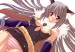  1girl alchemist_(ragnarok_online) animal_ears bad_id bangs blue_gloves blush bow bow_panties breasts brooch brown_cape brown_dress cape cat_ears closed_mouth commentary cowboy_shot dress elbow_gloves eyebrows_visible_through_hair fur_collar gloves grey_hair hair_between_eyes jewelry kyogoku_shin long_hair looking_at_viewer medium_breasts panties pink_panties purple_eyes ragnarok_online short_dress smile solo strapless strapless_dress striped striped_panties underwear 