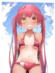  1girl absurdres bangs bikini blush breasts eyebrows_visible_through_hair hair_ribbon heterochromia highres hololive houshou_marine large_breasts long_hair looking_at_viewer navel one-piece_tan open_mouth pepushi_drow red_eyes red_hair ribbon smile solo swimsuit tan tanlines twintails virtual_youtuber yellow_eyes younger 