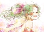  1girl bare_shoulders bow breasts cape detached_sleeves earrings final_fantasy final_fantasy_vi green_hair ichi_(pixiv6373491) jewelry long_hair open_mouth ponytail ribbon smile solo tina_branford 