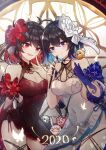  2girls :d antenna_hair bangs bare_shoulders blue_eyes blue_gloves blue_hair breasts bronya_zaychik brush china_dress chinese_clothes cleavage dress dual_persona flower gloves hair_between_eyes hair_flower hair_ornament highres holding holding_brush honkai_(series) honkai_impact_3rd liliya_olenyeva looking_at_viewer multiple_girls open_mouth red_dress red_eyes red_flower red_gloves red_hair rozaliya_olenyeva seele_(alter_ego) seele_vollerei seele_vollerei_(stygian_nymph) senin_liku short_hair single_glove sleeveless sleeveless_dress smile white_dress white_flower yae_sakura 