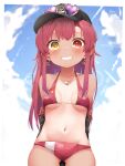  1girl absurdres bangs bikini blush breasts eyebrows_visible_through_hair hair_ribbon hat heterochromia highres hololive houshou_marine large_breasts long_hair looking_at_viewer navel one-piece_tan open_mouth pepushi_drow red_eyes red_hair ribbon smile solo swimsuit tan tanlines virtual_youtuber yellow_eyes younger 